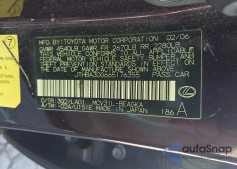 2006 Lexus Es 330 from USA, damaged, VIN JTHBA30G665176355
